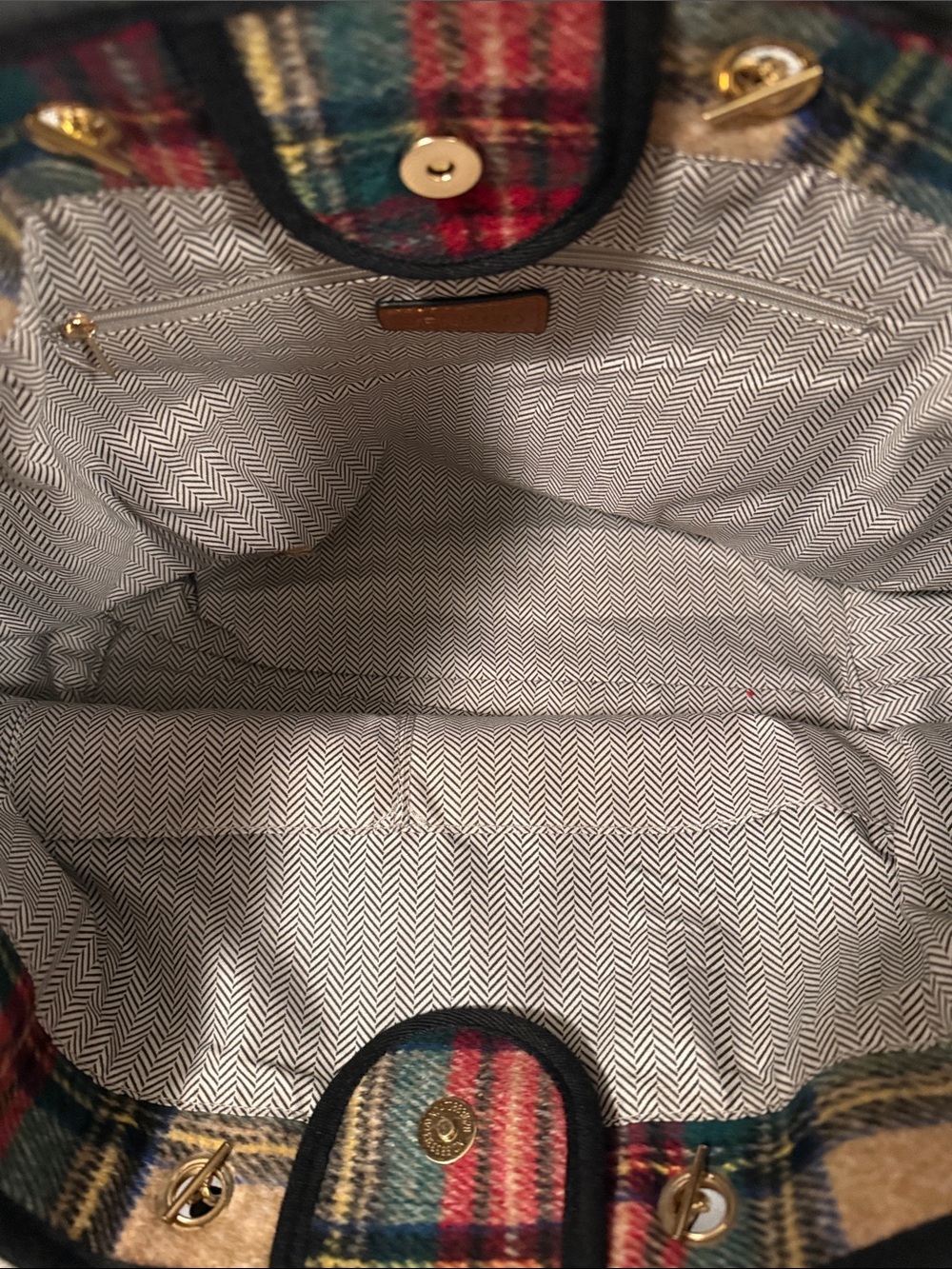 Plaid Wool Tote with Tan Leather Trim and Chain Handles - Picture 2 of 5